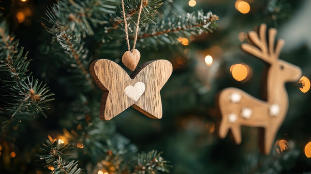 Natural wooden Christmas decorations on green tree, eco family holiday traditions, minimalistic interior, sustainable festive decor, cozy warm atmosphere, copy space