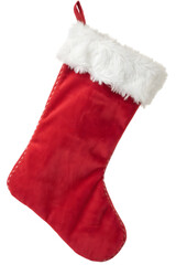 Red christmas stocking with white trim isolated on transparent background