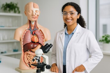 Medical research innovation female scientist with anatomical model and microscope in laboratory environment