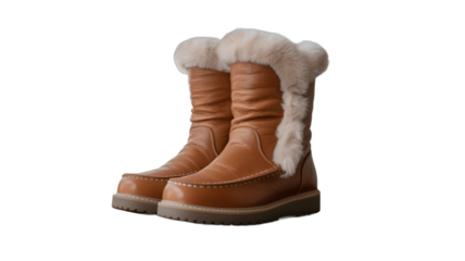 A pair of stylish brown winter boots with fur trim.