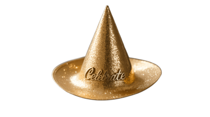 A festive gold party hat with Celebrate text.