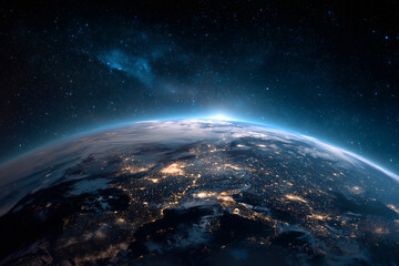 Fototapeta premium Earth from space at night with visible city lights.