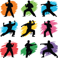 nine martial artist silhouettes on colorful brushstrokes action poses fitness fight vector art