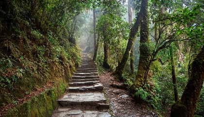 Obraz premium stone staircase along forest footpath trail through jungle in nepal annapurna trek