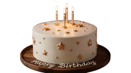 A beautifully decorated birthday cake with lit candles.