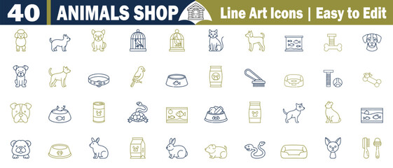 Animal Shop Icons Set. Featuring Pets and Pet Supplies Line Art, bird, parrot, turtle, fish, cage, kennel, bowl, food, collar, leash, scissors, medicine, hamster wheel, rabbit, vector illustration. 