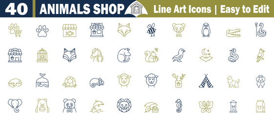 Animal Shop Icons art icons set. With Diverse Animals and Retail Elements, store, ox, bee, panda, penguin, crocodile, swan, horse, squirrel, bird, duck, bat, snake, parrot, whale, vector illustration.