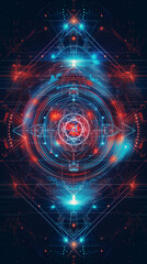 Futuristic abstract techno background with sacred geometry and neon lights