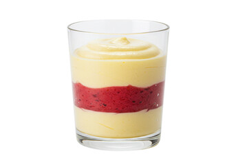 Layered dessert in glass isolated on transparent background, yellow and red parfait for restaurant menu and catering