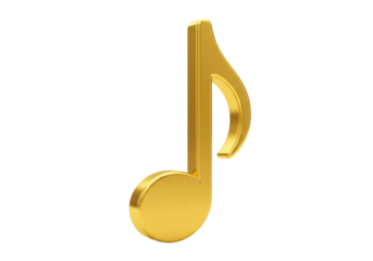 Golden eighth note isolated PNG on transparent background, musical symbol for melody and rhythm in music composition