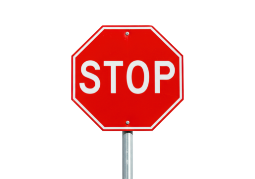 Red stop sign isolated on transparent background, octagon traffic sign for road safety and transportation regulations