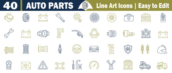 Automotive parts and tools line art icons in blue and gold car parts, vehicle, engine, tire, battery, wrench, gear, wheel, brake disc, toolbox, first aid kit, remote control,  vector illustration. 