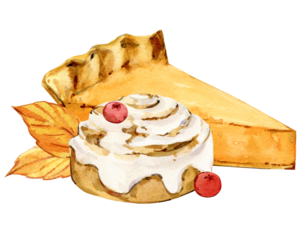 A slice of pumpkin pie and a Cinnabon with icing. Watercolor illustration of traditional autumn rustic baking. A dessert for Thanksgiving and Halloween. Sticker for holiday decor. Retro-style clip art