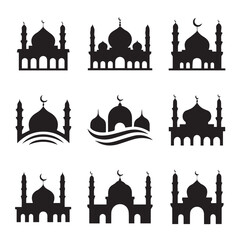 mosque silhouettes set nine variations dome minaret crescent islamic architecture vector ai eps jpeg png