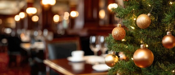 A beautifully adorned Christmas tree stands in a stylish indoor space, surrounded by warm lights and a comfortable workspace