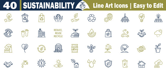 Sustainability Comprehensive 40 Line Art Icons set. With Blue and Gold Tones, recycle, globe, hand, leaf, footprint, house, reduce reuse recycle, plant, water drop, shopping bag, vector illustration. 