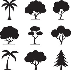 minimal black tree silhouettes 3x3 grid vector set palm conifer broad canopy ai eps png jpeg