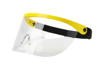 Yellow face shield isolated on transparent background, personal protective equipment for safety and healthcare