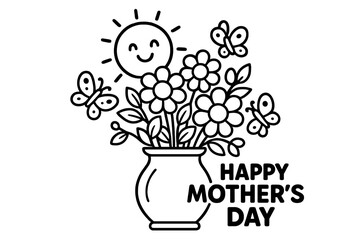 Mother's Day Celebration. Holiday coloring page: Mother’s Day flowers in vase, smiling sun above, butterflies flying, black and
