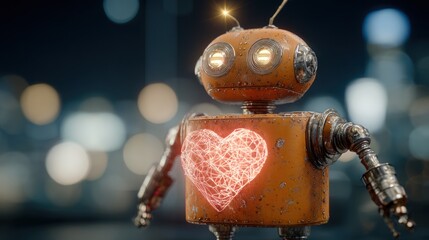 Animated robot with glowing heart on dark background for technology and love