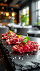 Fresh raw beef cuts on a slate platter