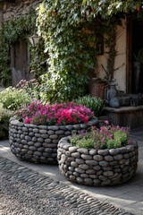 Two large, stone planters filled with vibrant pink and purple flowers grace a charming garden pathway.