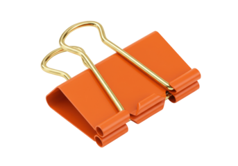 Orange binder clip isolated on transparent background, metal paper clamp for office supplies and stationery