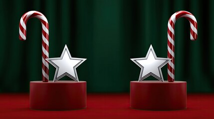 Two striped candy canes and silver stars sit on round red bases, adding a cheerful touch to a festive holiday setting