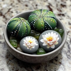 Hand-painted rocks, featuring a desert succulent and a lotus flower, displayed in a shallow bowl, creating a tranquil and decorative scene.