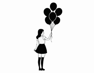 Black and white Girl with balloons vector image isolated on white background.