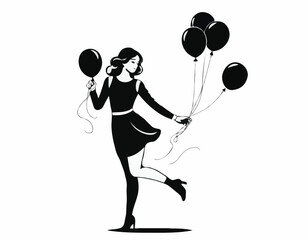 Black and white Girl with balloons vector image isolated on white background.