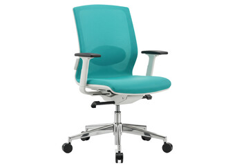 Ergonomic turquoise office chair isolated on transparent background, adjustable mesh task seating for comfort and posture