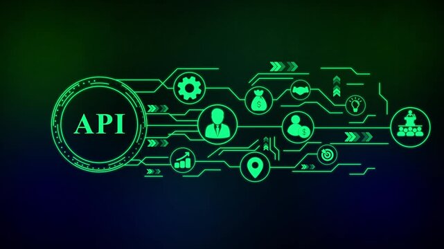 API integration infographic with icons and circuit board design . Business, technology, internet and networking concept.
