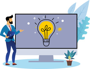 Businessman placing lightbulb on shelf full of lightbulbs illustration of creative thinking for generating business ideas and innovation