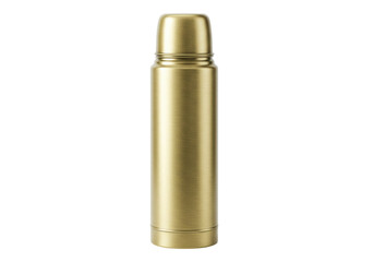 Gold thermos flask isolated on transparent background, reusable container for hot and cold drinks, sustainable lifestyle