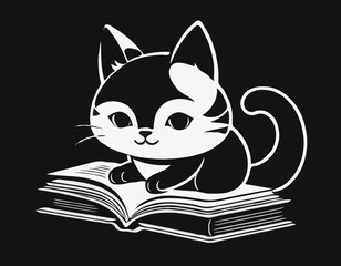 Adorable Cat Enjoying a Book While Reading Intently in a Charming Black and White Vector