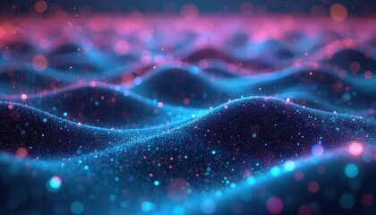 Abstract tech background with glowing particles creates wavy digital landscape. Blue, pink lights flow like energetic quantum data waves, representing computing intelligence, innovation, future