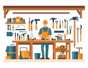 Carpenter Working Home Garage Images vector isolated on white background.
