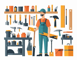 Carpenter Working Home Garage Images vector isolated on white background.