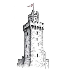 Obraz premium Hand-drawn medieval castle tower with flag illustration