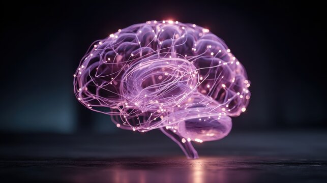 Stunning photo of artificial intelligence brain with neural network and purple glowing connections.
