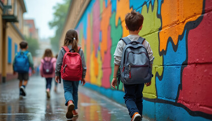 Children with backpacks walk along a colorful mural on a wet street after school. They go home on a rainy day. Young kids are returning from learning.