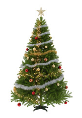 Fototapeta premium A beautifully decorated christmas tree isolated on transparent background, adorned with colorful ornaments, twinkling lights, and shimmering garlands, creating a festive and joyful atmosphere for the 