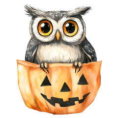 Obraz premium An owl in a carved pumpkin, a symbol associated with Halloween. Halloween. Watercolor 2D illustration isolated on a transparent background.