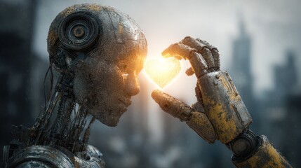 Futuristic robot holds glowing object against city backdrop