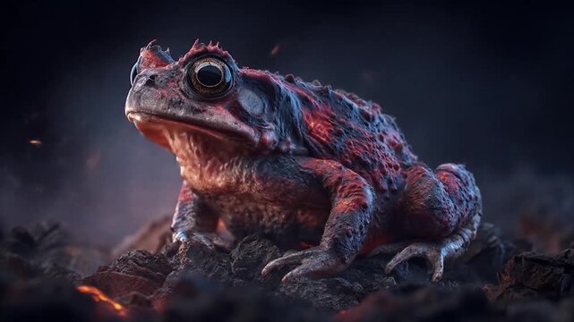 Detailed close up of a frog with textured skin and dramatic lighting