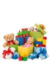 Naklejka premium A colorful assortment of toys and gifts in boxes isolated on transparent background, including a teddy bear, train, doll, and building blocks, creating a playful and joyful scene for children