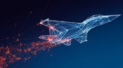 Abstract illustration of a fighter jet constructed from interconnected points, flying