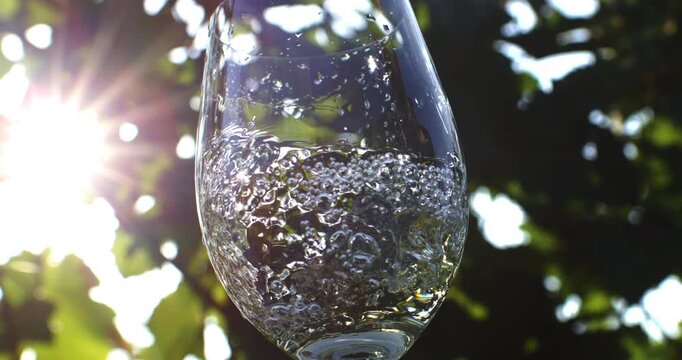 Slow Motion Macro Of White Wine Swirling Elegantly In A Glass Outdoors With Golden Reflections And Vineyard Atmosphere at 1000 fps.