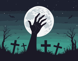 Zombie Hand Rising from the Grave with Full Moon Silhouette Background Vector Illustration